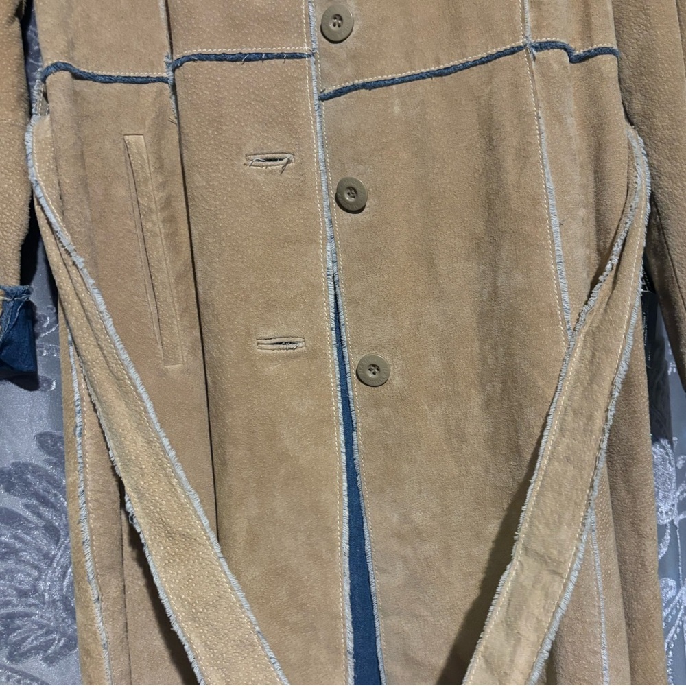 Wilsons Leather Suede Trench Coat Denim Trim - Picture 5 of 6